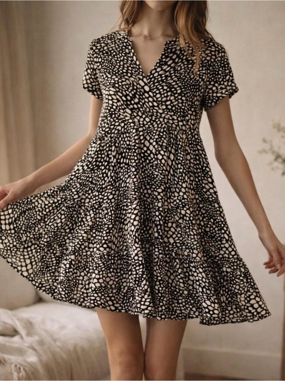Maeve Short V-Neck Black and Cream Printed Swing Dress